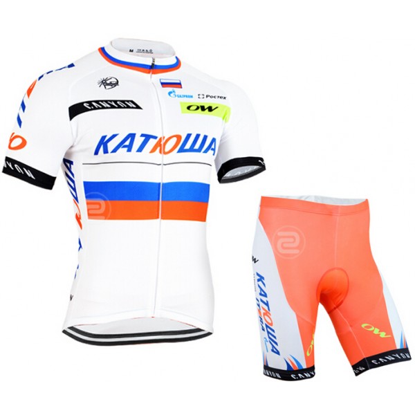 2015 Katusha Radbekleidung Radtrikot Kurzarm und Fahrradhosen Kurz valkoinen WVCQ275