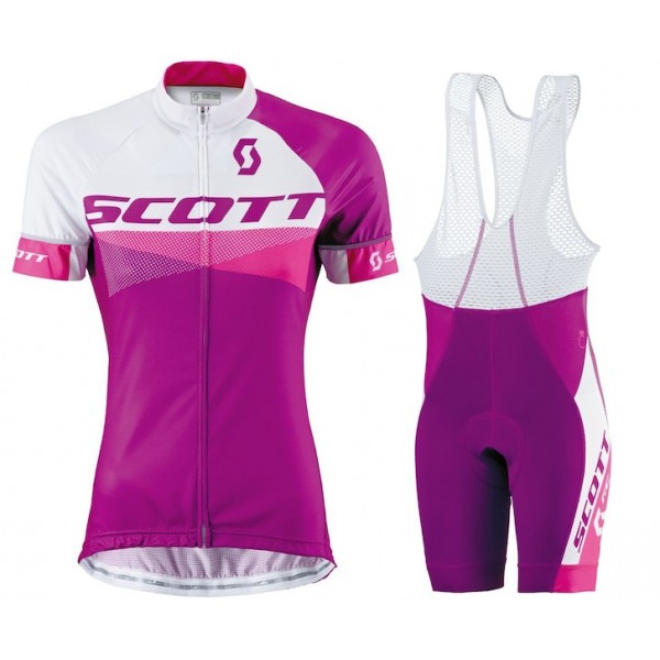 2015 Scott Weiß-Violet Damen Fahrradbekleidung Satz Fahrradtrikot Kurzarm Trikot und Kurz Trägerhose PMRM942