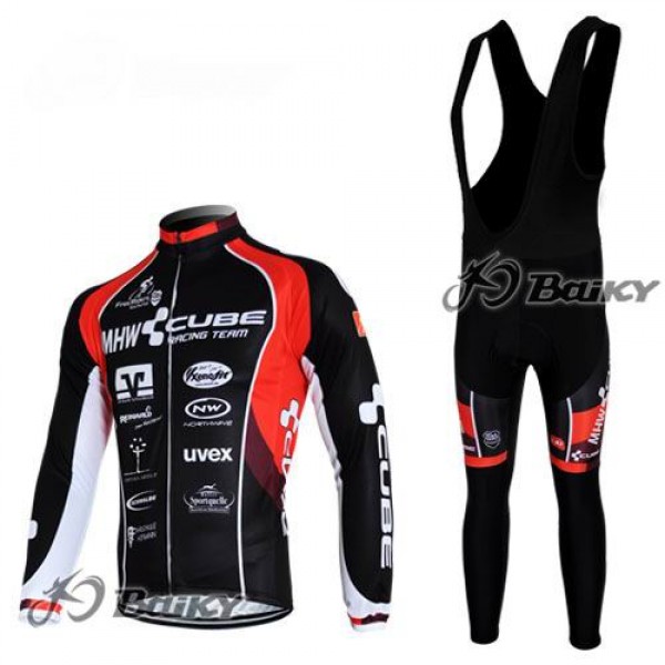 MHW Cube Racing Team Fahrradbekleidung Radtrikot Satz Langarm und Lange Trägerhose Rot Schwarz OHKS737