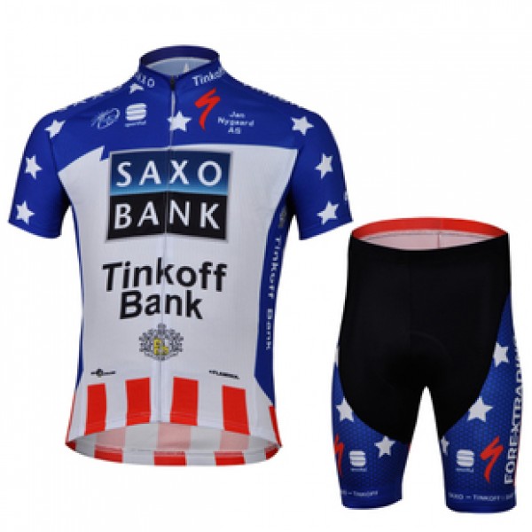 2013 Saxo Bank Tinkoff USA Champion Radtrikot Kurzarm und Kurz Radhose Kits Blau Weiß Rot OMFS528