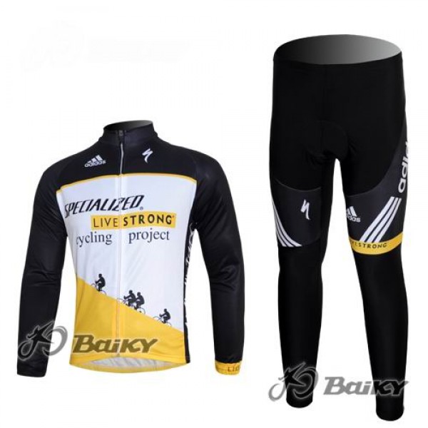 Specialized Livestrong Fahrradbekleidung Radtrikot Satz Langarm und Lange Fahrradhose Weiß Schwarz Gelb JEJX739