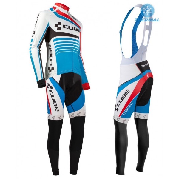 2016 Cube Teamline Weiß-Blau thermisch Fahrradbekleidung Satz Radtrikot Langarm+Lang Trägerhose UAFV669