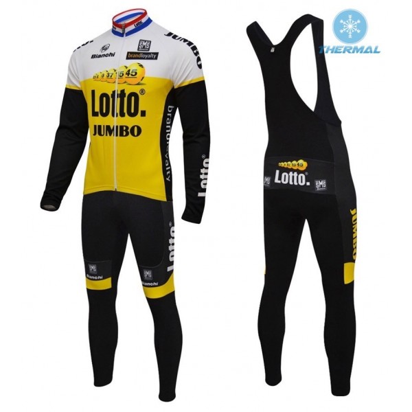 2016 Lotto-Jumbo Gelb thermisch Fahrradbekleidung Satz Radtrikot Langarm+Lang Trägerhose RSHI733