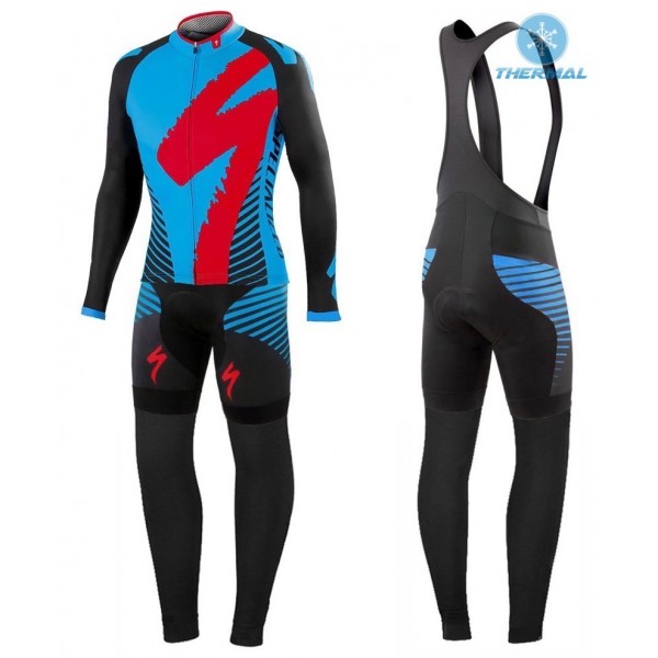 2016 Specialized Team LS Schwarz-Blau thermisch Fahrradbekleidung Satz Radtrikot Langarm+Lang Trägerhose DRUT298