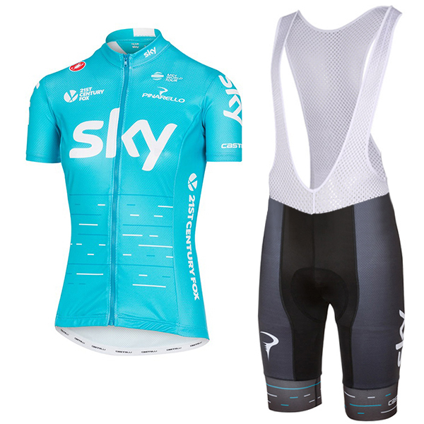 Sky Pro Damen 2017 Blau Fahrradbekleidung Satz Radtrikot Kurzarm+Kurz Trägerhose 316TWQE